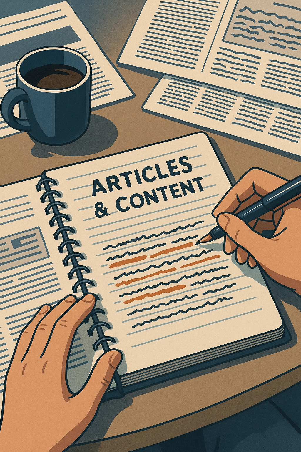Illustration éditoriale d’un carnet annoté entouré de journaux et d’une tasse de café