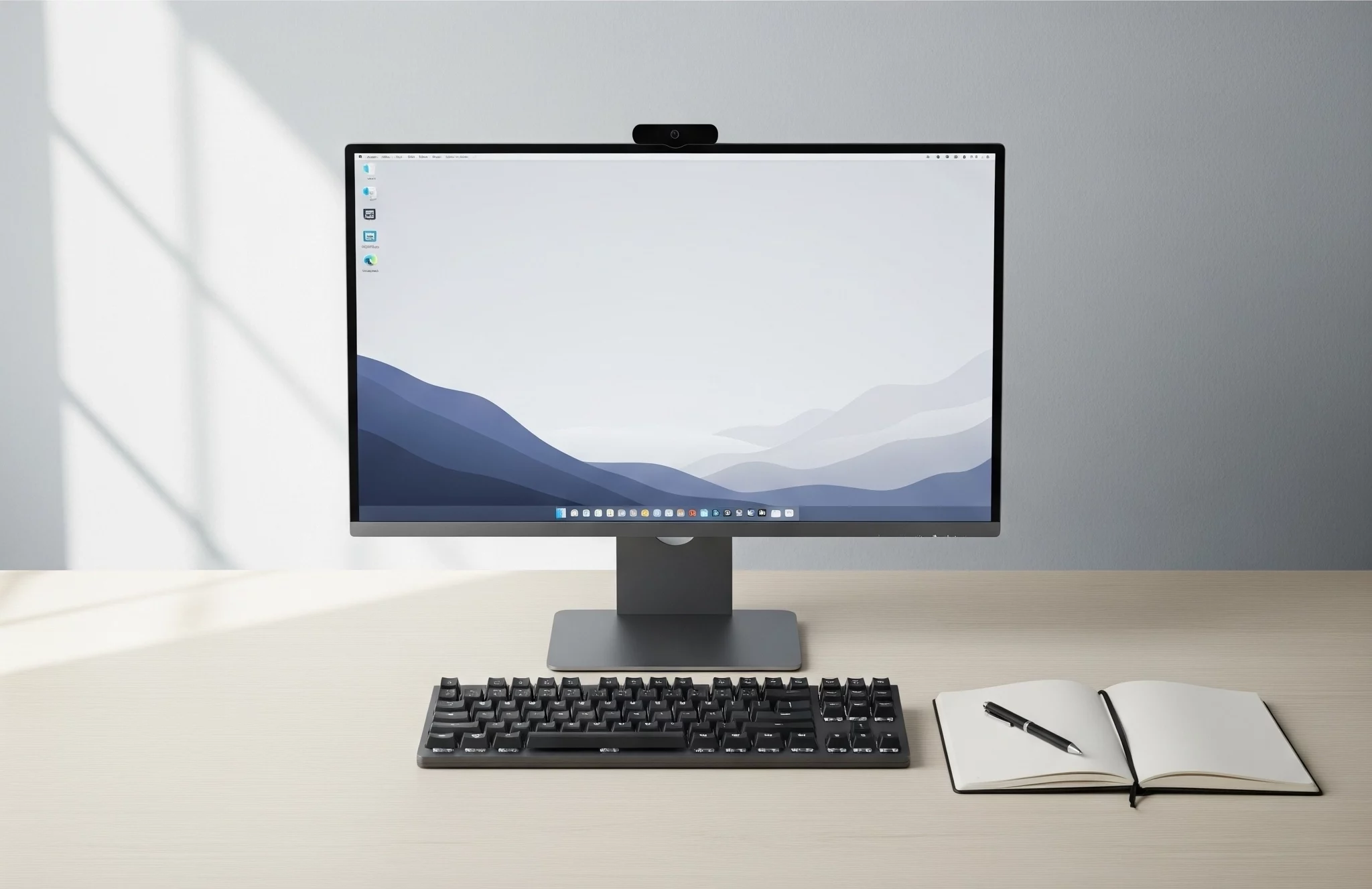 Bureau minimaliste avec un écran d’ordinateur, un clavier mécanique et un carnet ouvert avec un stylo