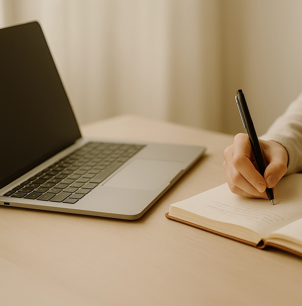Main écrivant dans un carnet sur un bureau clair, à côté d’un ordinateur portable