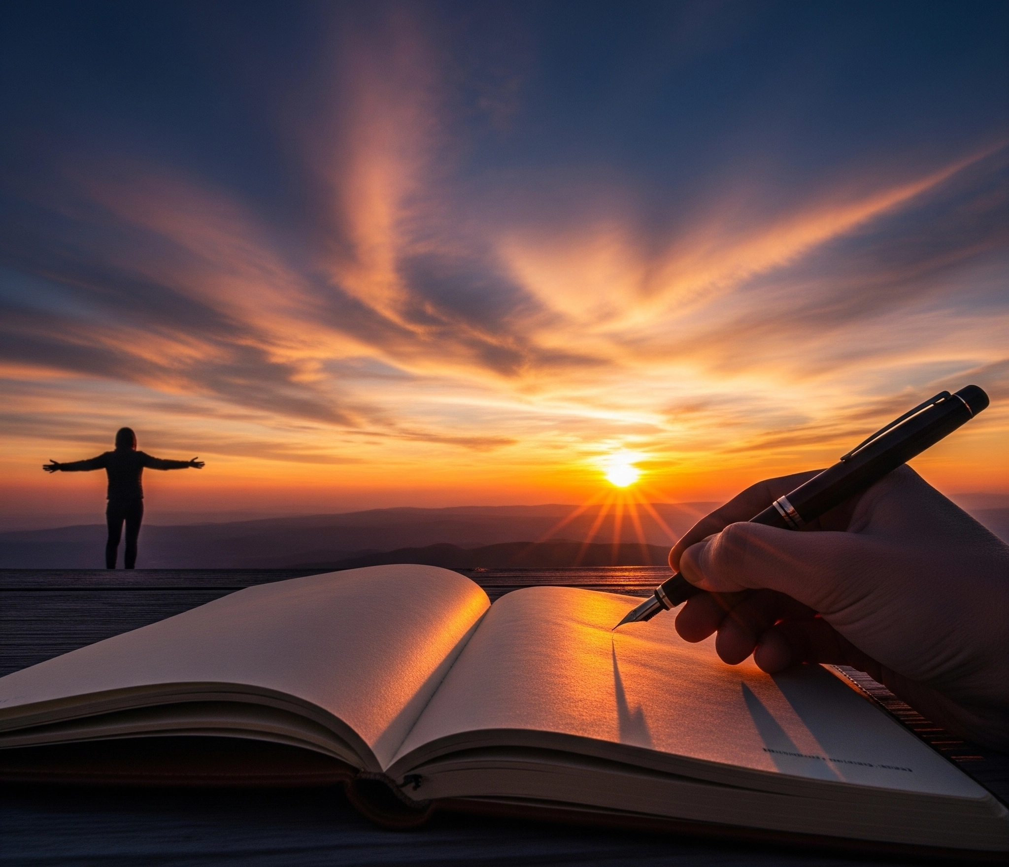 Main écrivant dans un journal au coucher du soleil avec une personne les bras ouverts face à l’horizon
