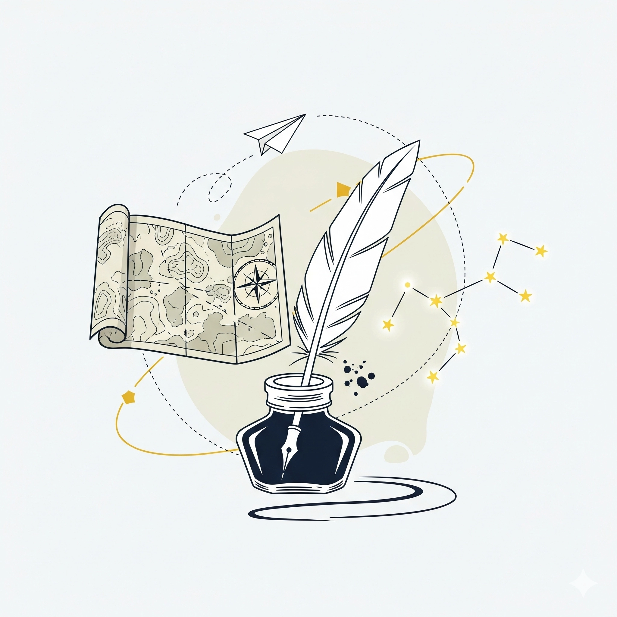 Illustration créative d'une plume dans un encrier avec une carte, des constellations et un avion en papier