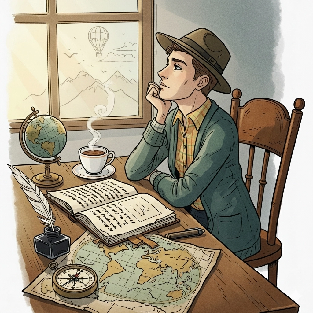 Jeune homme rêveur assis à une table avec des cartes, un globe, une plume, du café et des carnets d’écriture