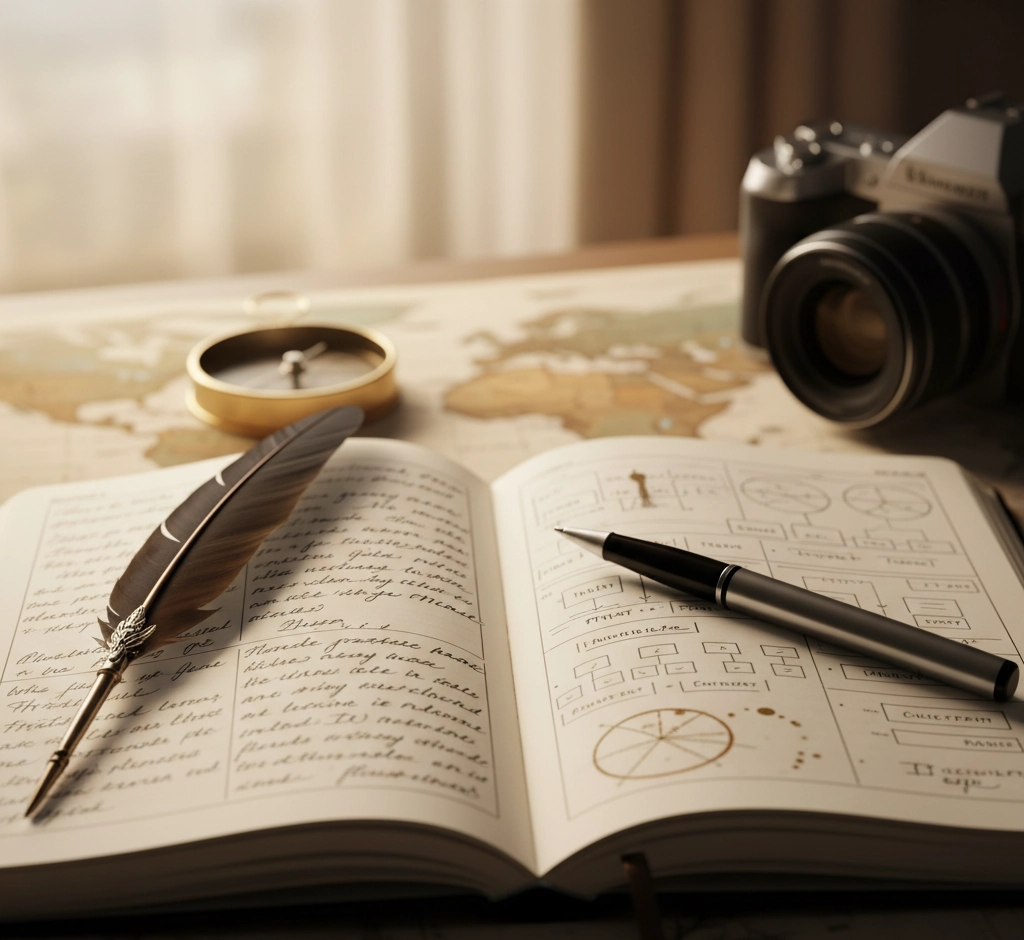 Plume et stylo sur carnet ouvert, mélant schémas business et écriture créative, avec carte et appareil photo en arrière-plan. Illustration du carnet de bord professionnel et personnel.
