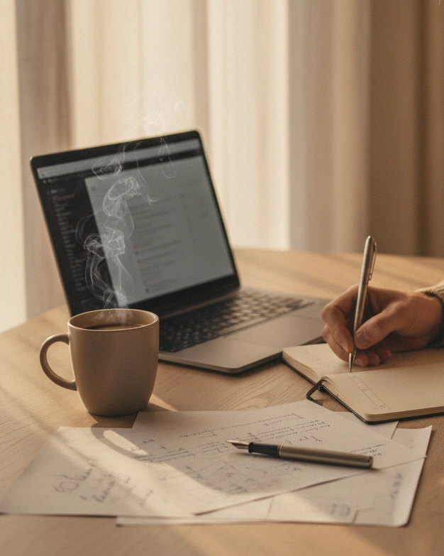 Photo realiste d'une personne ecrivant a la main sur un carnet, pres d'un ordinateur portable ouvert et d'une tasse de cafe fumante. Lumiere naturelle, tons chauds pour la creation de contenu strategique.