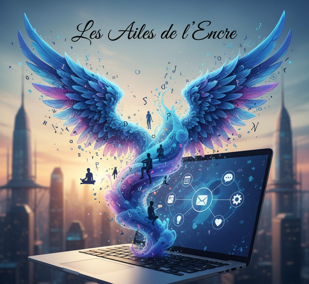 Illustration symbolique des Ailes de l’Encre : des ailes bleues jaillissant d’un ordinateur portable, mêlant lettres et silhouettes humaines.