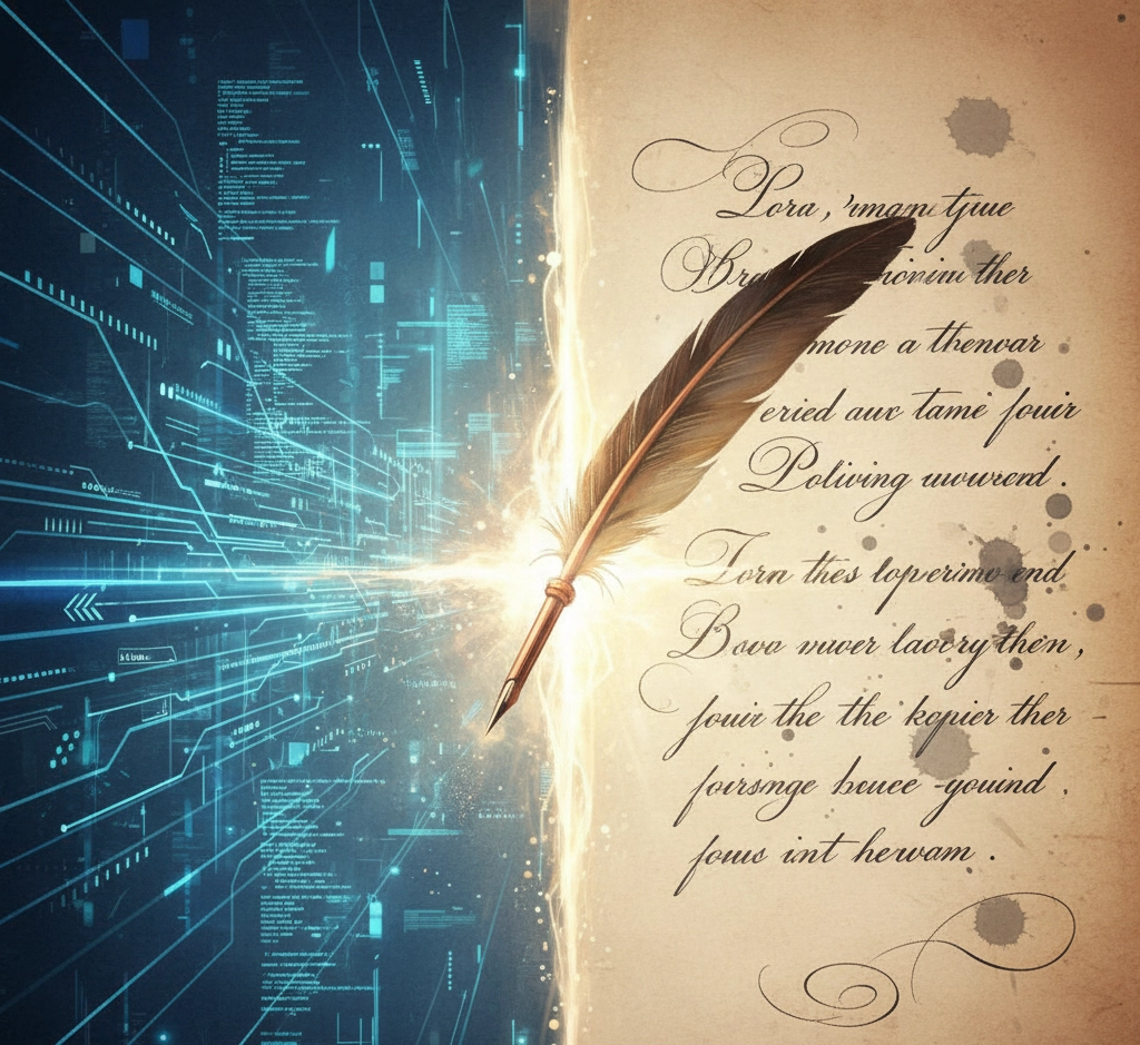 Plume traversant une frontière lumineuse entre code informatique bleu et écriture manuscrite ancienne sur papier, symbolisant l'union technologie-poésie.