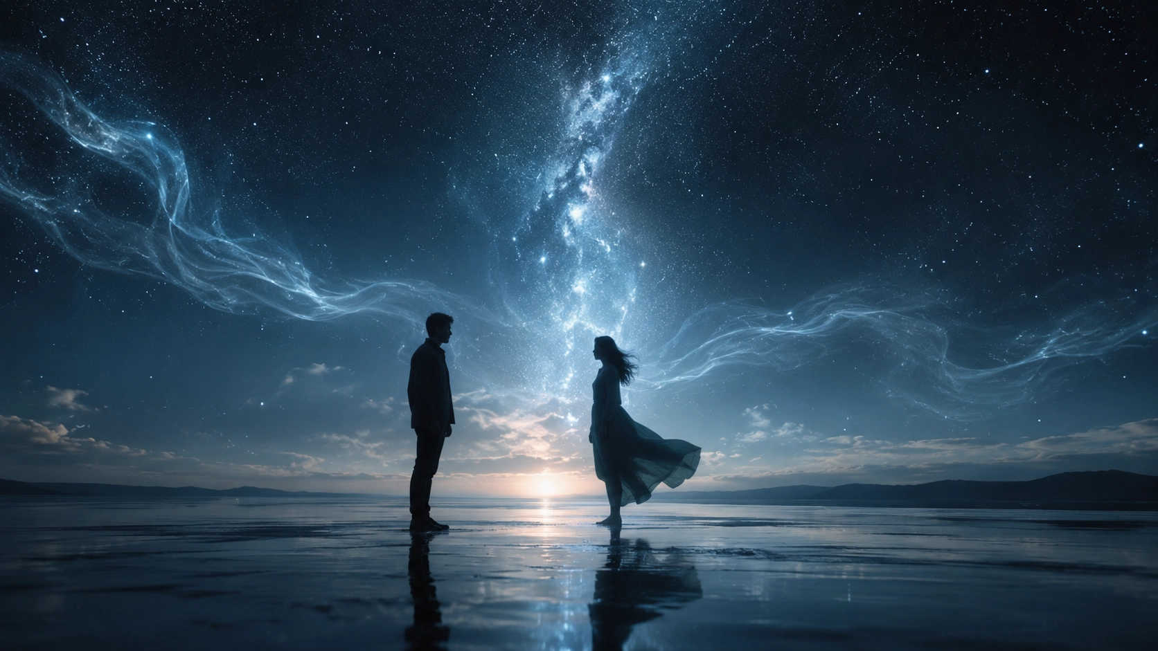 Deux silhouettes se retrouvent de nuit sous un ciel étoilé, dans une atmosphère mystérieuse et onirique.