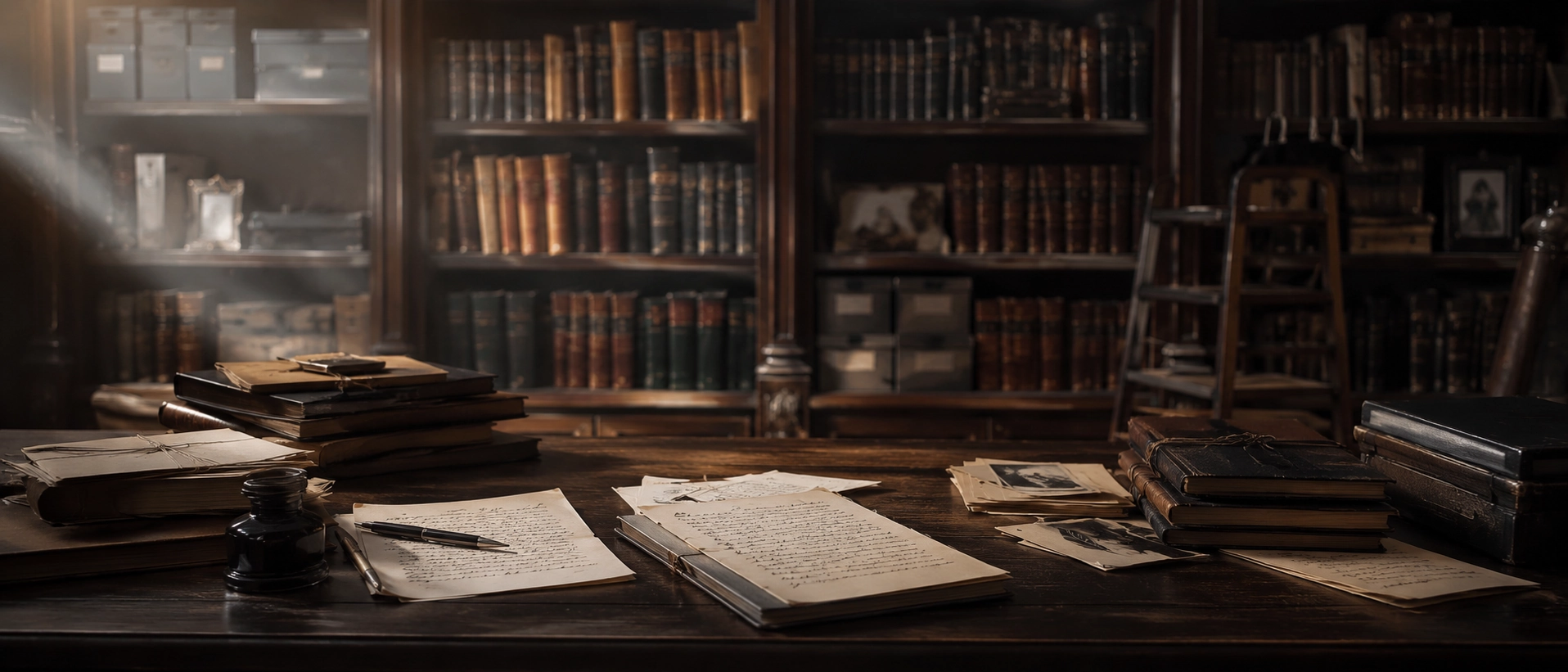 Bibliothèque ancienne avec table de consultation, carnets, lettres et dossiers dans une ambiance de mémoire et d’enquête.