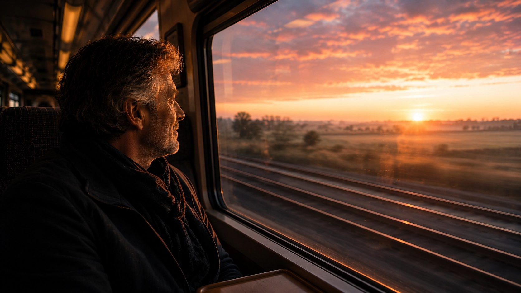 Homme assis près de la vitre d’un train à l’aube, regardant les rails et le paysage baigné de lumière rose orangée.