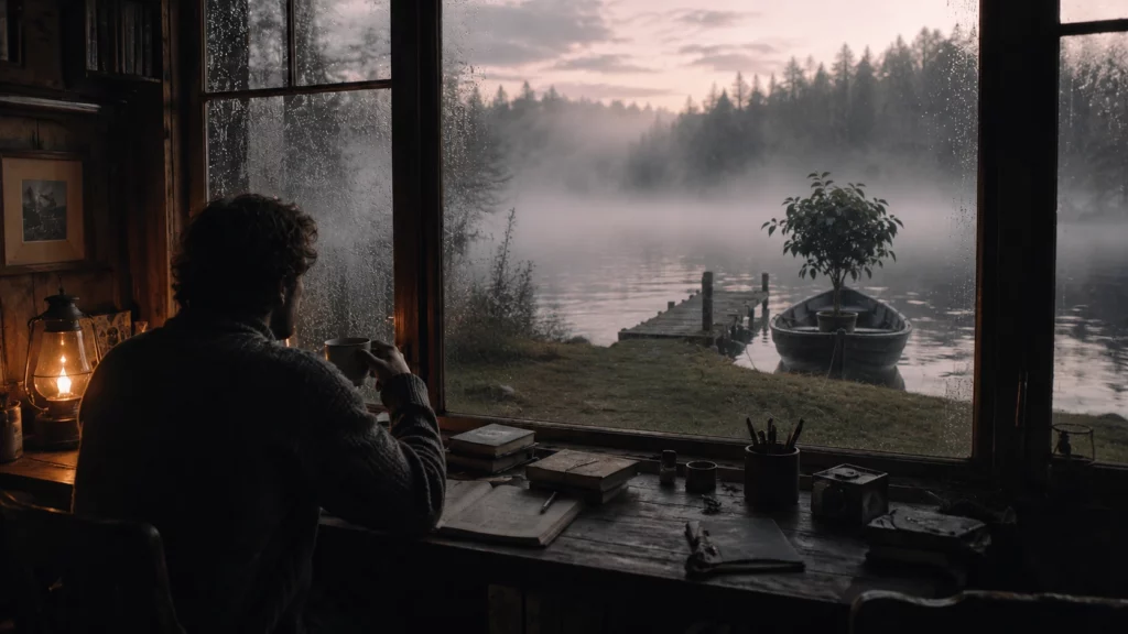 Écrivain assis dans un chalet en bois, regardant un lac brumeux avec une barque et un ficus sur l’eau.