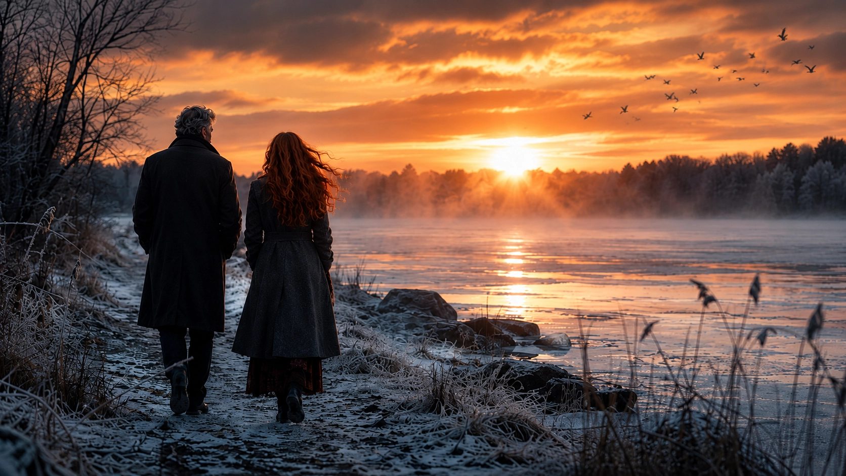 Couple marchant au bord d’un lac breton en hiver, dans la brume et la lumière du crépuscule.