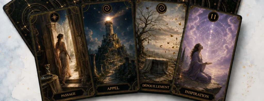 Mockup de l’oracle Le Temple des Nombres avec les cartes Passage, Appel, Dépouillement et 11 – Inspiration