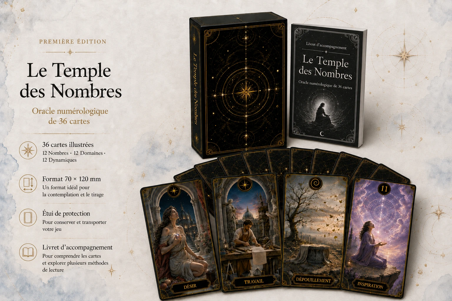 Mockup du jeu Le Temple des Nombres, oracle numérologique de 36 cartes avec livret, étui et cartes illustrées en éventail.