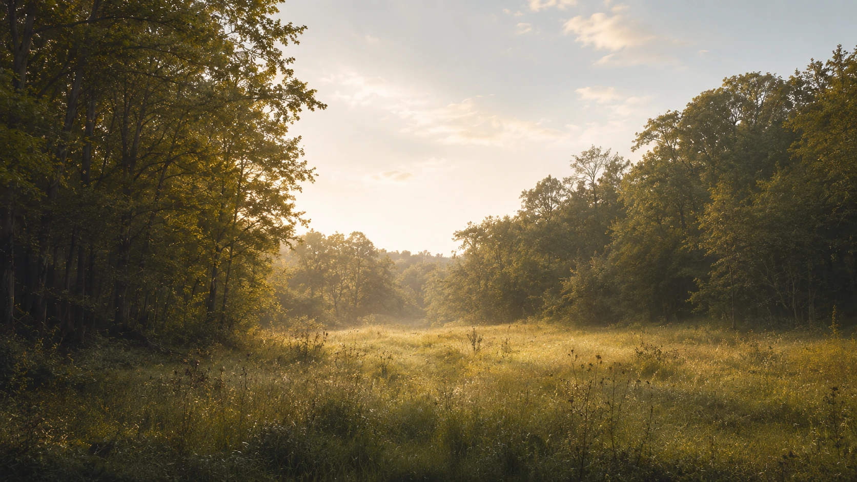 Clairière lumineuse sans chemin, entourée de deux forêts, dans une atmosphère paisible et contemplative