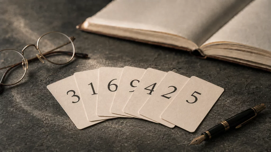 Éventail de cartes numérotées posé près d’un carnet, d’un stylo-plume et de lunettes