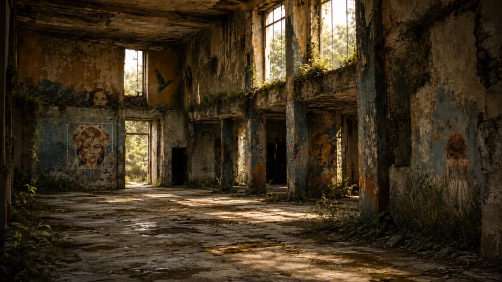 Fresques murales dans un immeuble abandonné envahi par la végétation