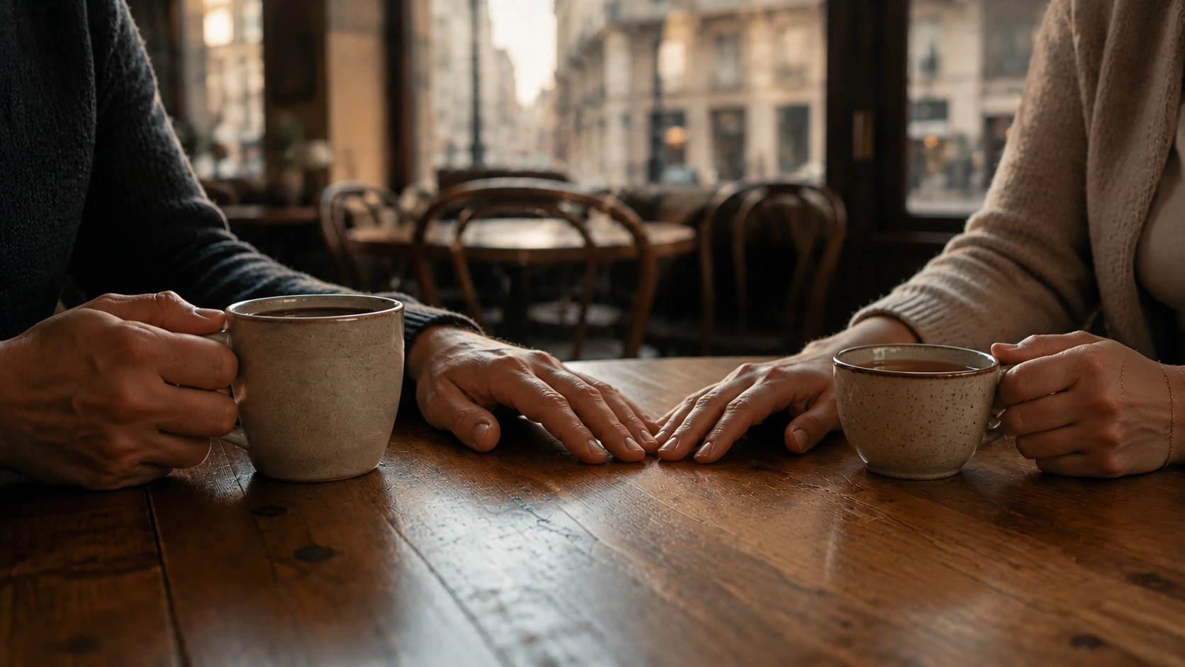 Un homme et une femme dans un café parisien, leurs doigts s’effleurant entre une tasse de café et une tasse de thé.