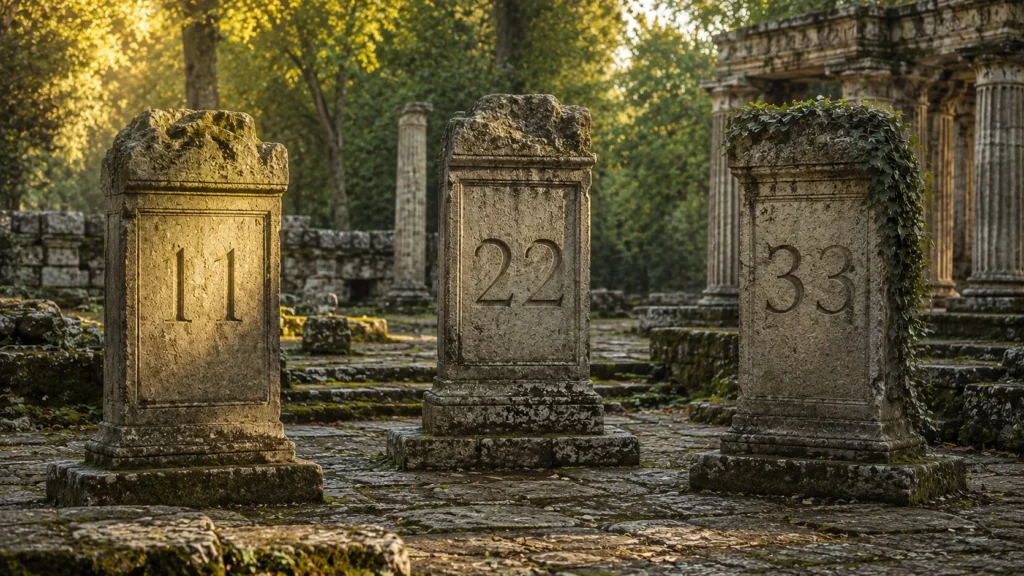 Trois stèles de pierre gravées des maîtres nombres 11, 22 et 33 dans les vestiges d’un temple