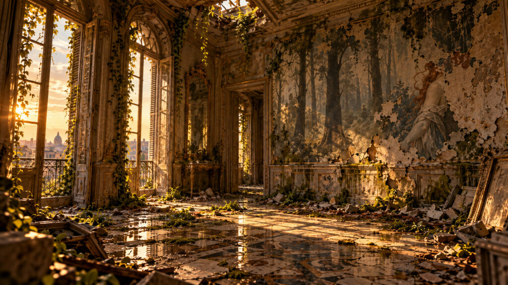 Fresques murales dans un immeuble abandonné envahi par la végétation