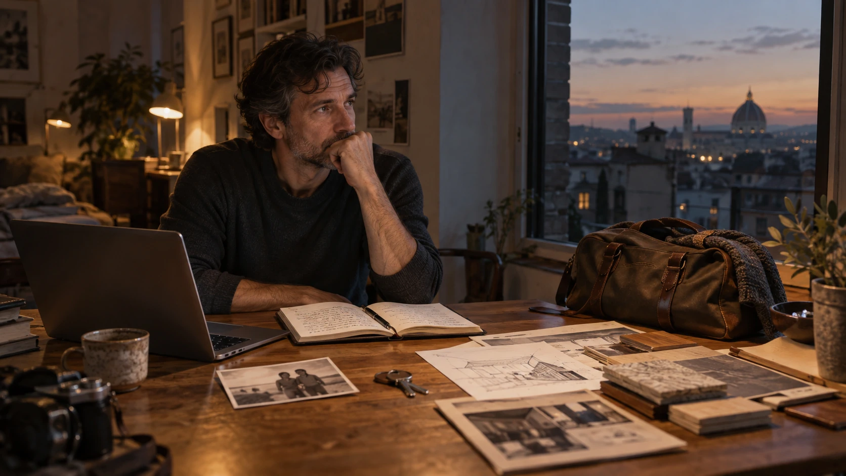 Un homme pensif assis à une table avec un ordinateur, un carnet, des plans, une clé et un sac de voyage, dans une pièce au crépuscule, comme face à plusieurs vies possibles.