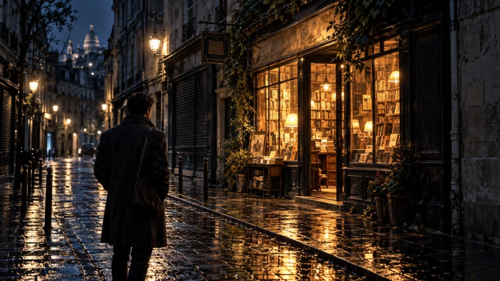 Homme devant une librairie éclairée dans une rue humide après minuit